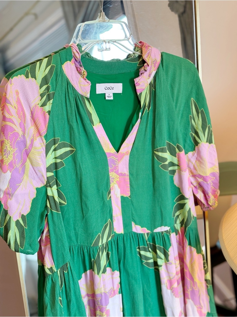 Nordstrom Cece Green Floral Tiered Mini Dress with Pink Blooms - Picture 4 of 5